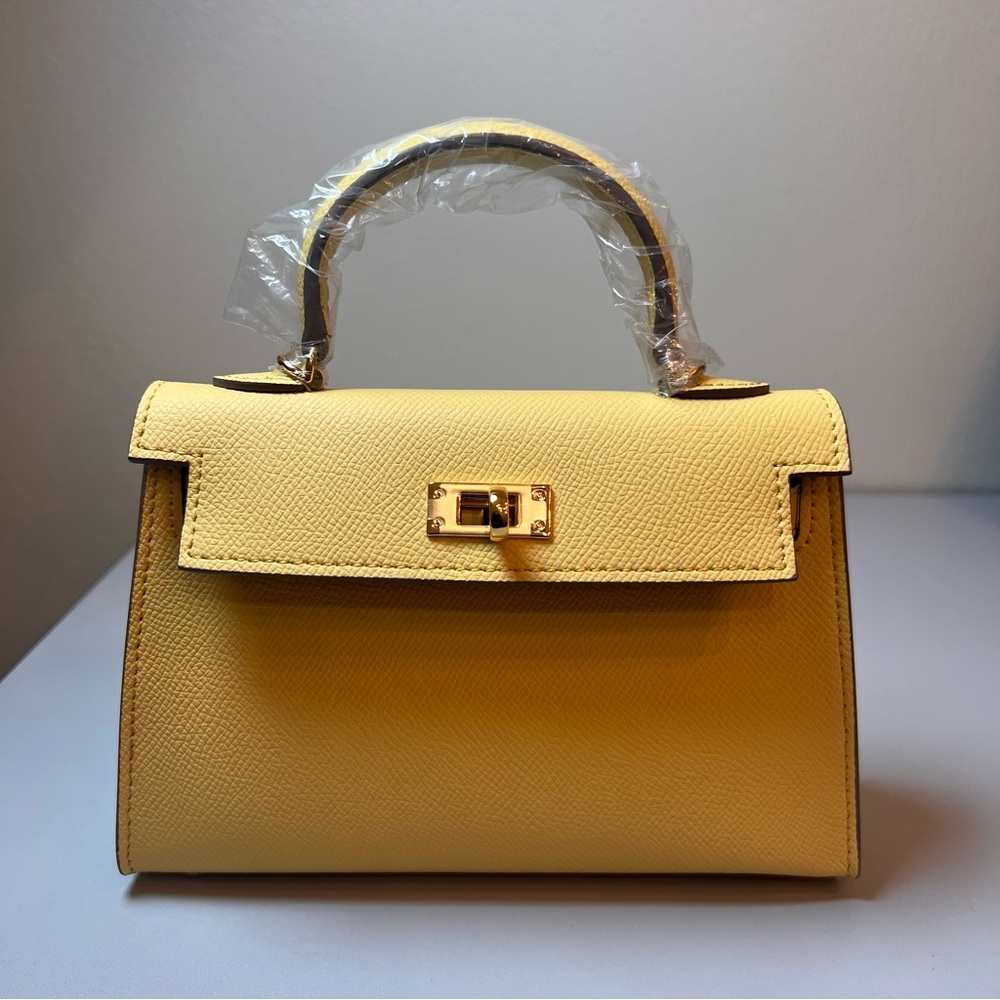 Yellow Structured Leather Top-Handle Shoulder Bag - Picture 6 of 14